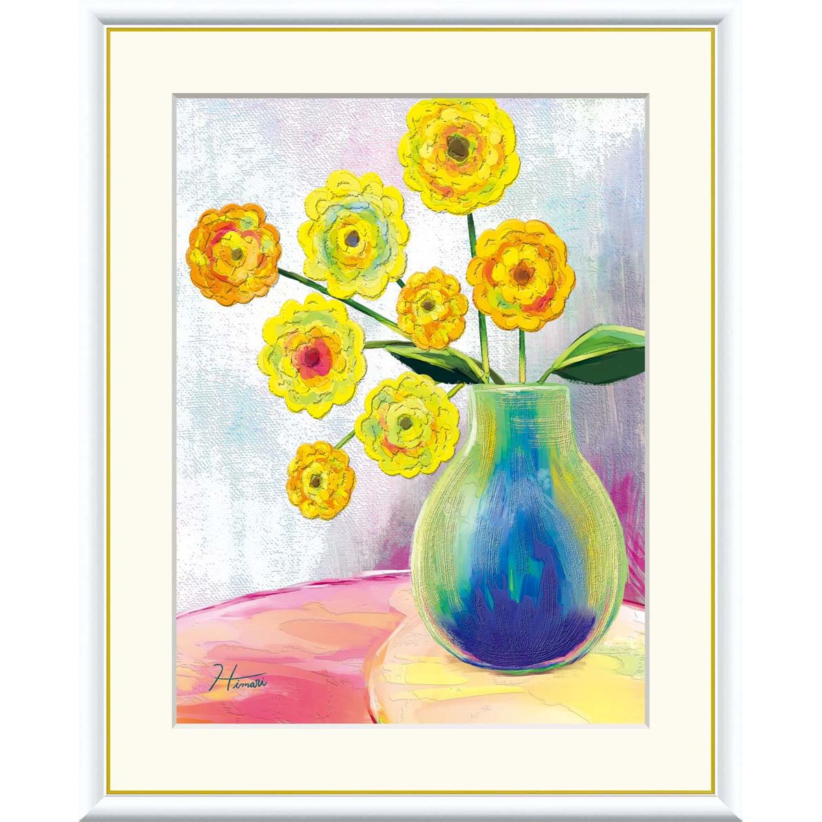 絵画 絵 額付(青緑＋金色の枠) 油絵 uF6-112302 花 絵画 絵 額付(青緑＋金色の枠) 油絵 uF6-112302 花