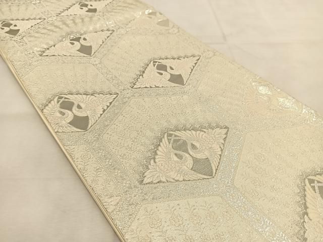 平和屋着物◎六通柄袋帯 唐織 亀甲双鶴花文 銀糸 正絹 逸品 未