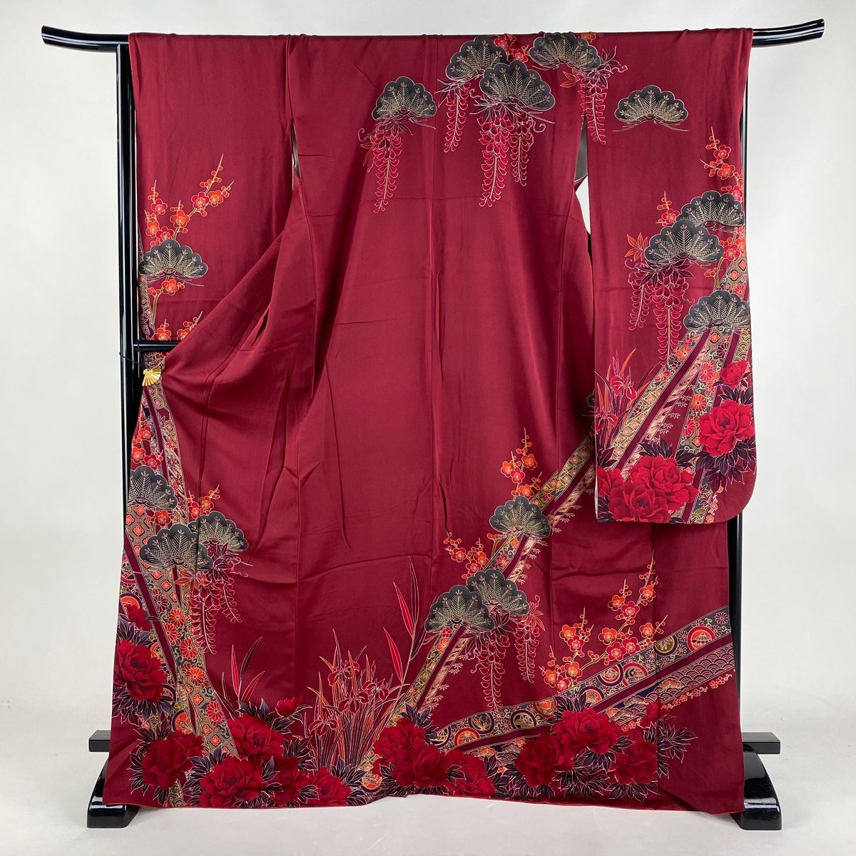 振袖 身丈171cm 裄丈67cm M 袷 松梅 蔓帯 金彩 えんじ色 正絹 秀品