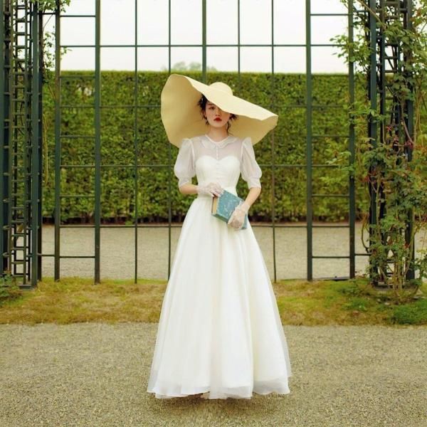 レディースファッション ウェディングドレス 二次会 花嫁ドレス 結婚式 ドレス パーティードレス Aライン レトロ ガーリー パフスリーブ ク