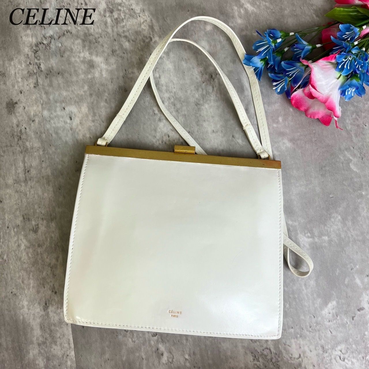 良品】CELINE セリーヌ ハンド デカロゴ ゴールド金具 レザー ホワイト