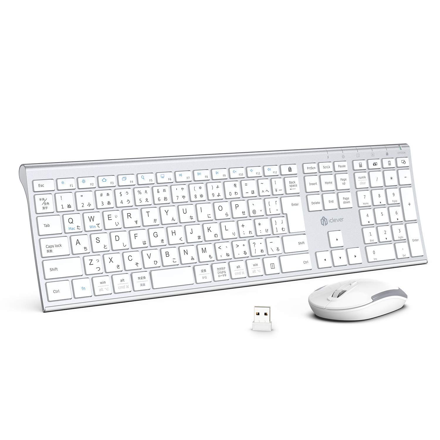 パソコンPC 無線2.4G WindowsMac対応 マウス3段調節可能DPI テンキー付き フルサイズ IC-BK23Combo c充電式 type 超薄型 シルバーホワイト 静音 キーボードワイヤレスキーボードマウスセット日本語JIS配