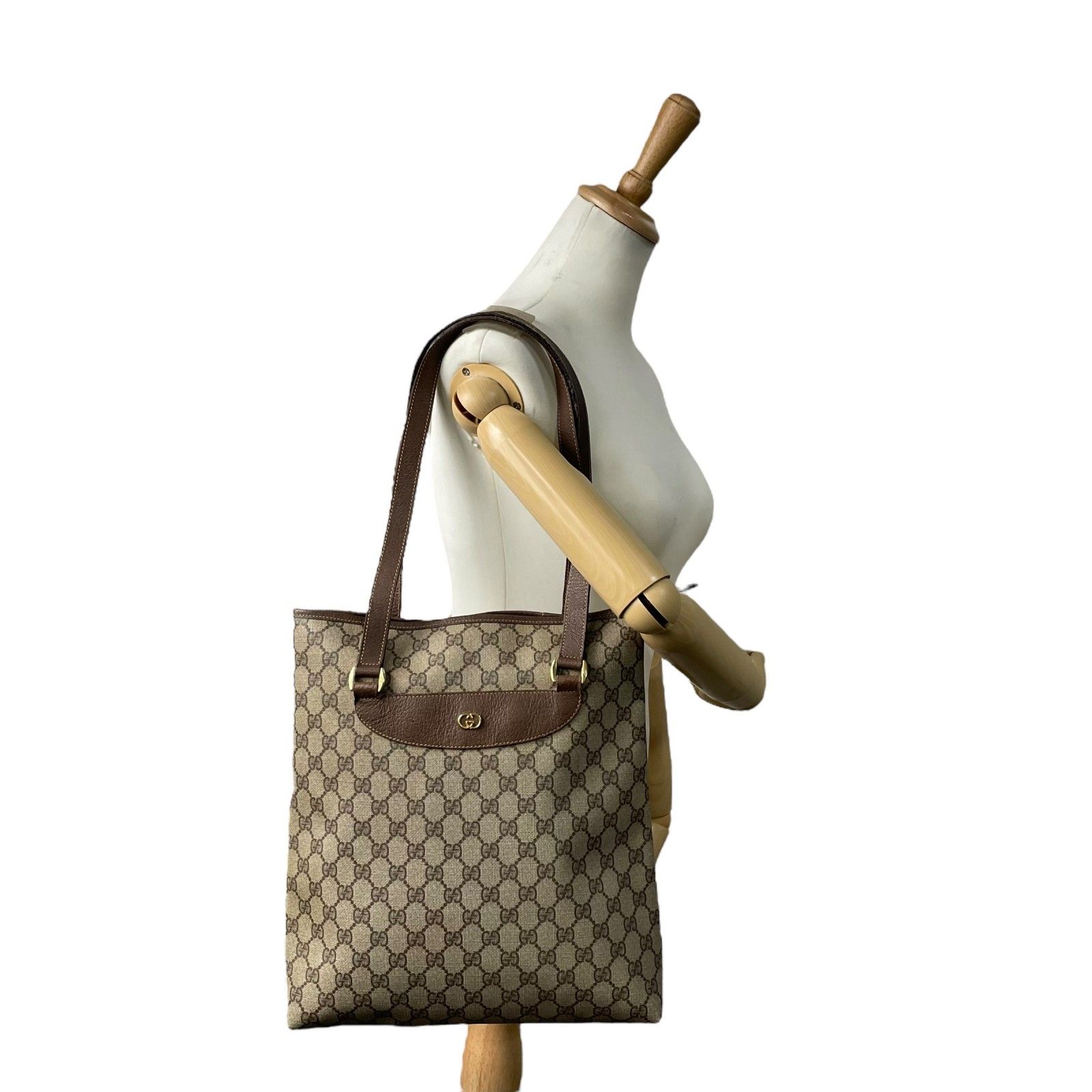 GUCCI ベージュ GG トートバッグ レザー×PVC A4可 肩掛け