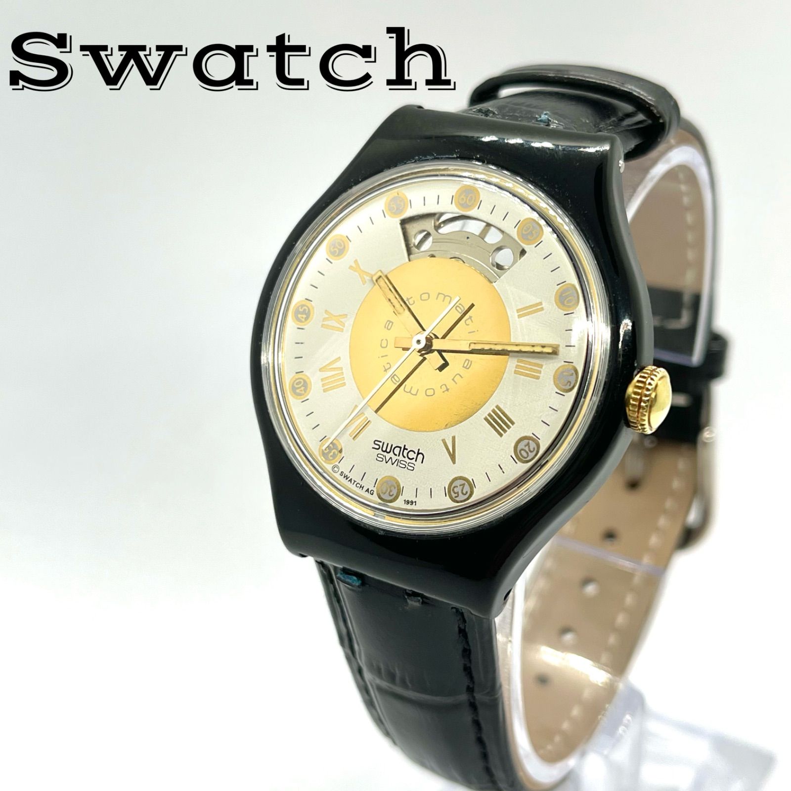 Swatch スウォッチ　自動巻き　オートマチック　腕時計　スイス製　レザードイツ製ベルト　ゴールド×白文字盤　AT 23石　裏スケ　メンズ　 1992年モデル　レア　SAB101 ヴィンテージ　スケルトン　メカニック