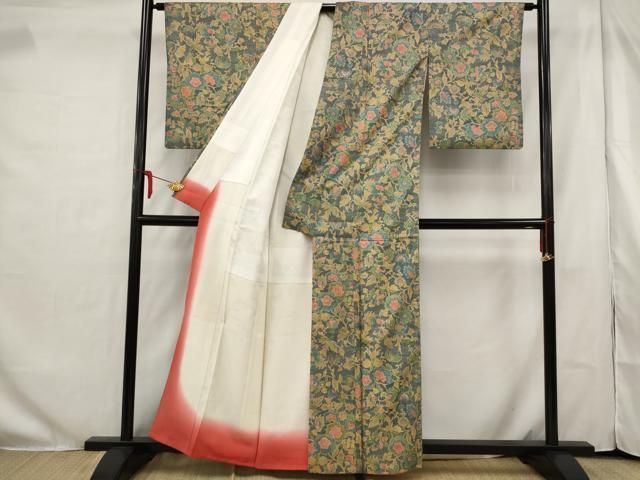 ふみ 平和屋着物□本場染大島紬 更紗花文 正絹 逸品 AAAS6855st 平和