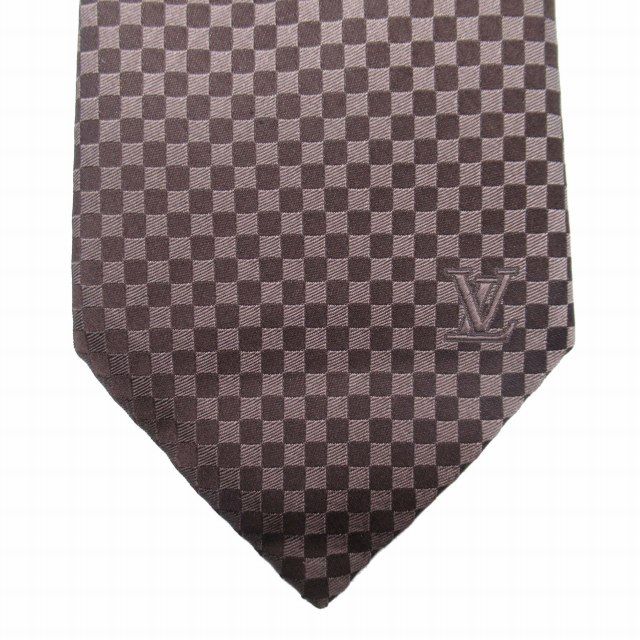 極美品 ルイヴィトン LOUIS VUITTON クラヴァット ダミエ LV ジャガード ネクタイ 9CM シルク 総柄 チェック ロゴ レギュラータイ ダークブラウン イタリア製/J01/メンズ/EK1