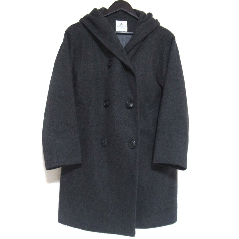 LANVIN en Bleu ランバンオンブルー ウール ダブルブレスト フーディーコート 3794126 サイズ38 チャコールグレー レディース 古着