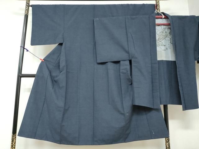 平和屋着物●男性 紬 アンサンブル 長羽織 鉄紺色 正絹 DAAW5940ud