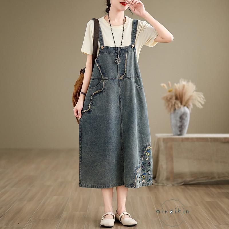 花柄デニムロングワンピース 即納 夏 大きいサイズ レディース