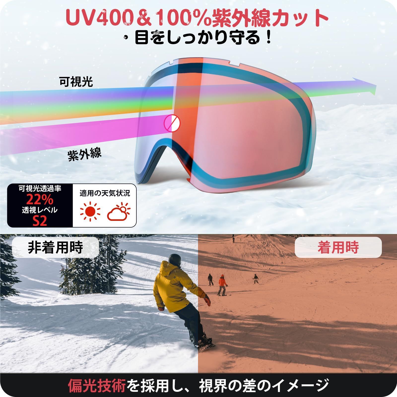 スキー スノボー 雪 黑 スポーツ UVカット 男女 紫外線 スノーゴーグル