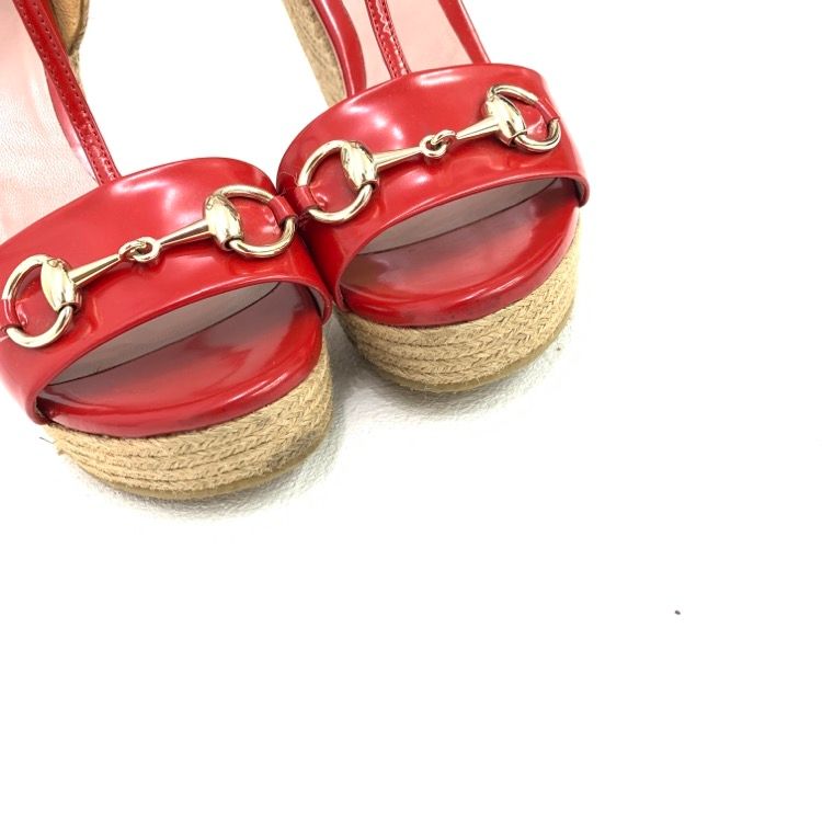 GUCCI グッチ ホースビット ジュートウェッジ サンダル レッド