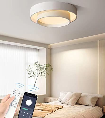 ホワイト_直径40cm 約2.5kg 4-8畳 24W引っ掛対応 工事不要 LED シーリングライト 4-8畳 APP遠隔制御 無段階調光調色 リモコン付き 北欧 おしゃれ インテリアライト 天井 照明器具 間接照明 和室 居間