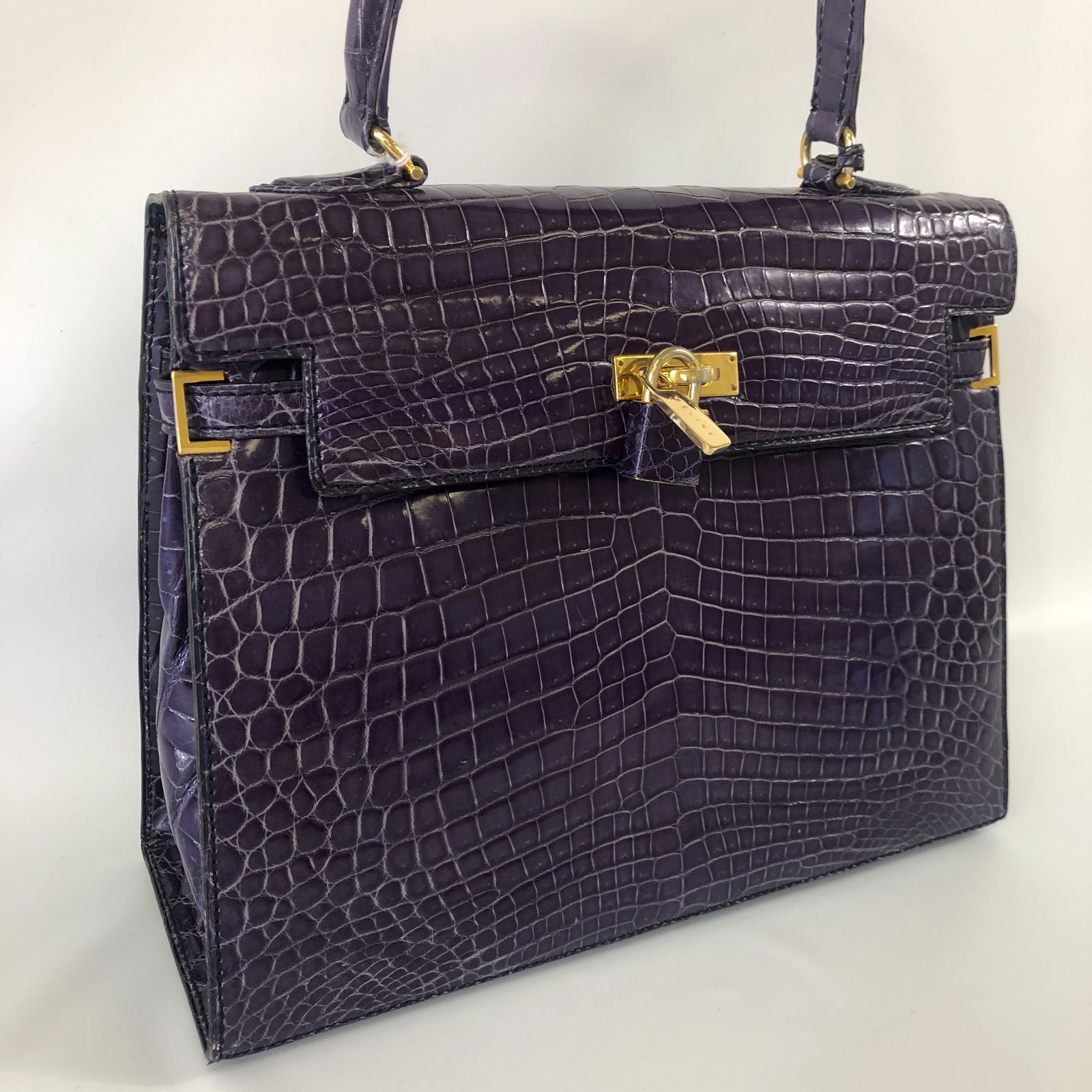 美品 モラビト スカラ クロコダイル ハンドバッグ パープル 南京錠