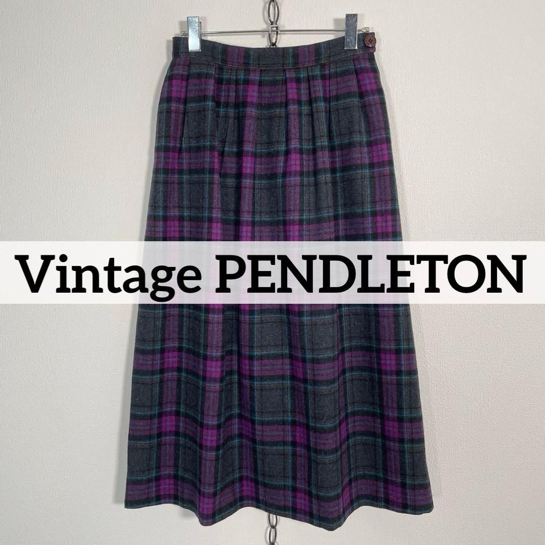 70s80sヴィンテージ PENDLETON タータンチェックスカート ペンドルトン サイズ8 グレー パープル系