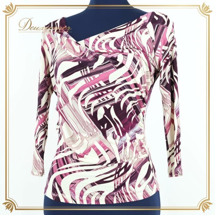 社交ダンス 衣装 トップス ホワイト系 Chacott ROYAL DANCE 白 紫 華やか ストレッチ 伸縮 七分袖 総柄 鮮やか チャコットロイヤルダンス 柔らかい レッスン パープル系