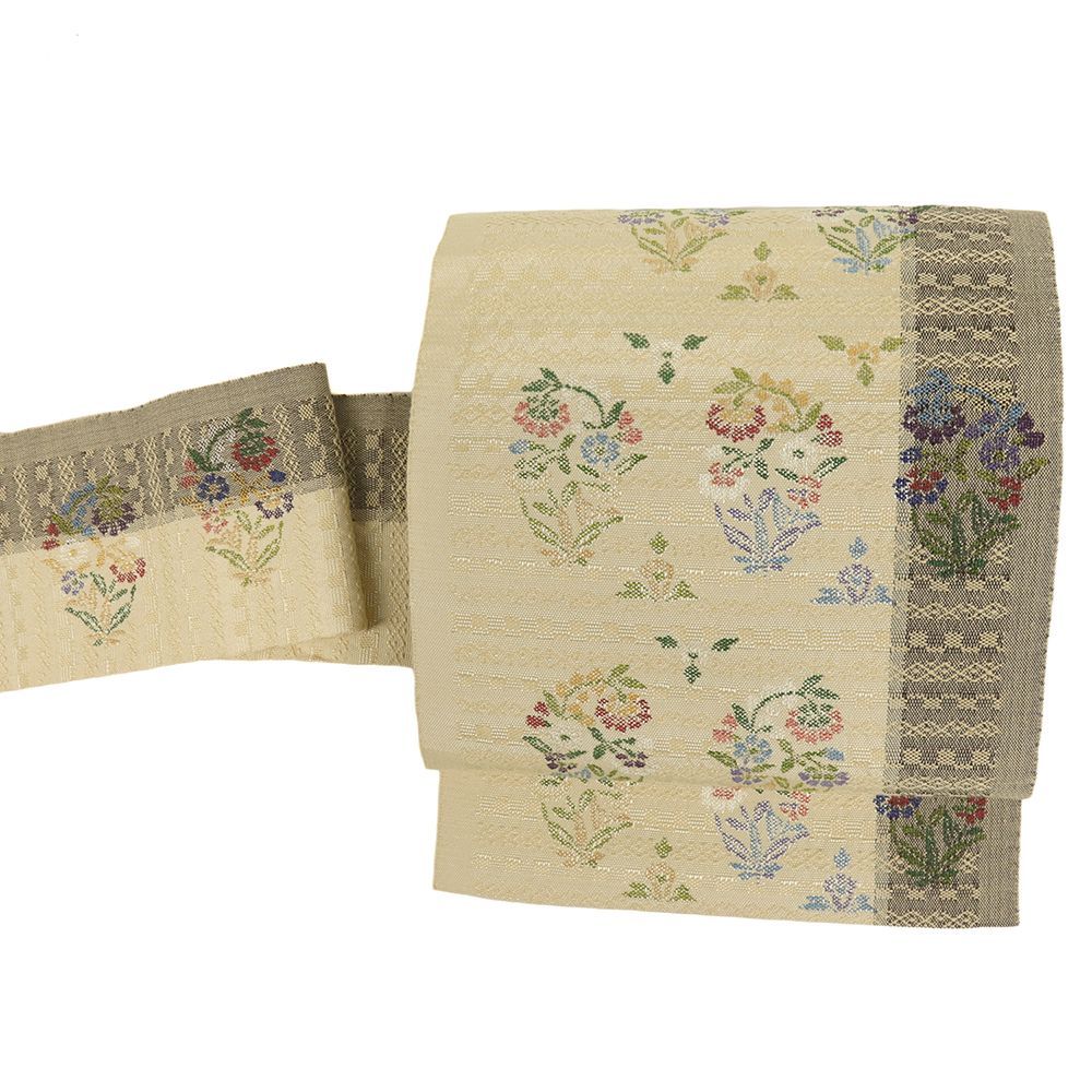 名古屋帯 帯屋捨松 花織 真綿紬 中古 カジュアル 正絹 肌色 花 仕立て