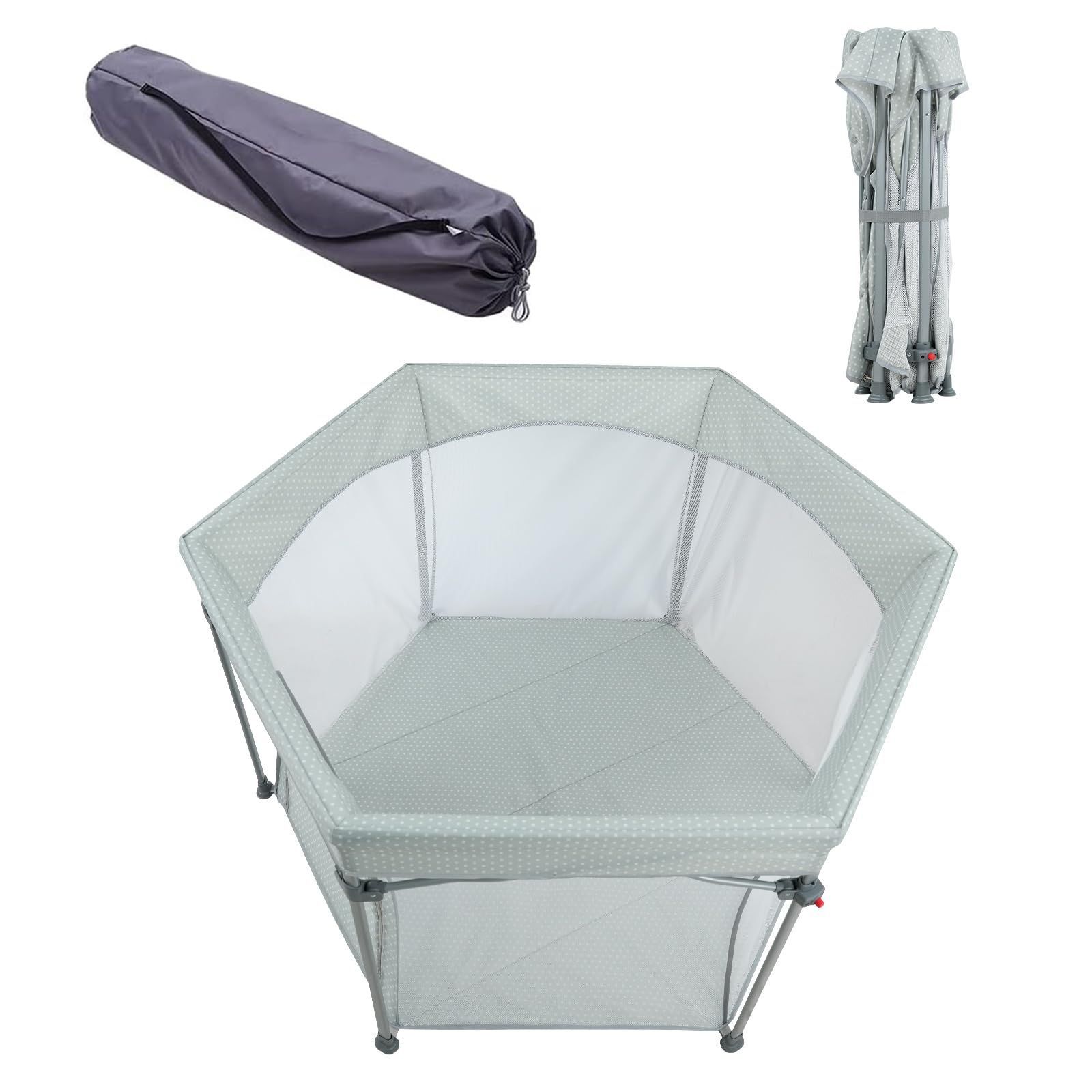 新着商品 赤ちゃん ベビー用品 収納バッグ付き 持ち運び便利 省スペース リビング たためる 洗える コンパクト 六角形 メッシュ プレイヤード 寝室 扉付き マット付き 折りたたみ ベビーサークル ZOOBLY