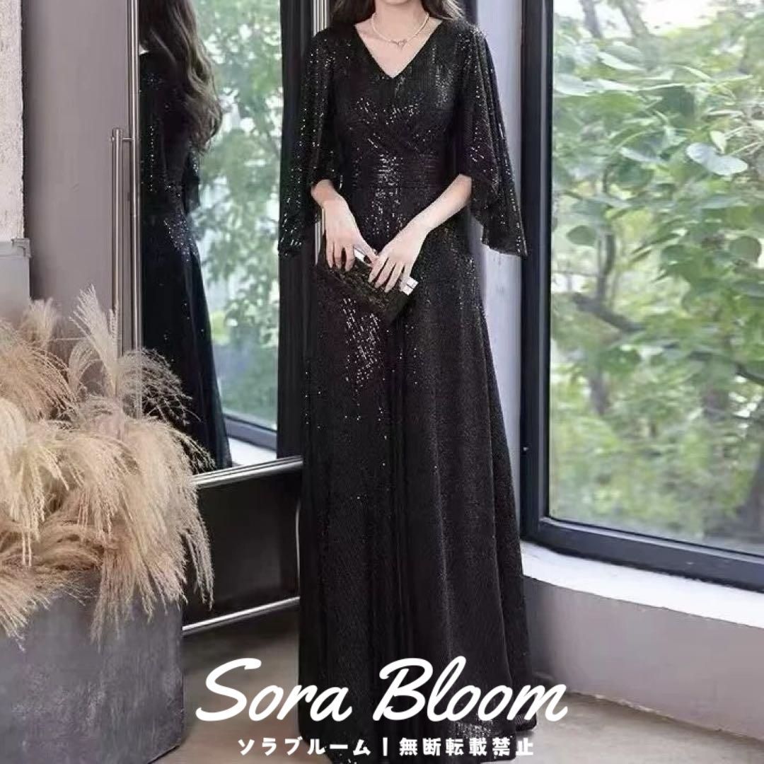 スパンコールが美しい シンプルオシャレなVネックドレス 新品・未使用】スパンコールが美しい シンプルオシャレなVネック