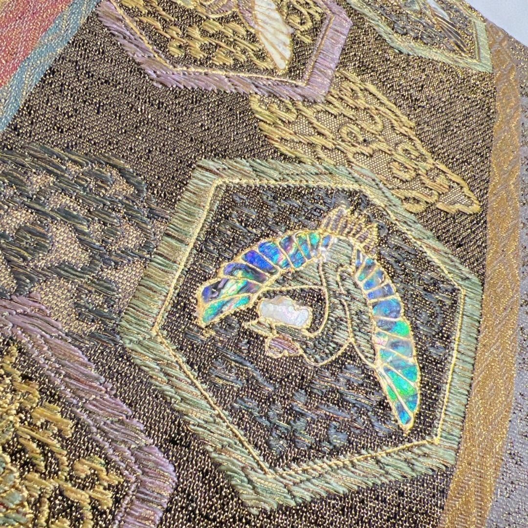 袋帯 螺鈿細工 金糸 袋帯 ブランド帯 螺鈿細工 観世水 ドット模様 金糸