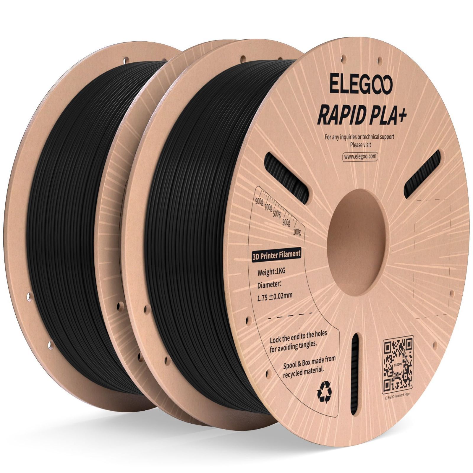 黒色*2 ELEGOO 高速 PLA プラス RAPID PLA+ フィラメント 1.75mm PLA+フィラメント 1.75mm 3D プリンター用フィラメント 寸法精度±0.02mm 印刷速度30-600mm/s対応 ほとんどのFDMプリンターに対応 (1