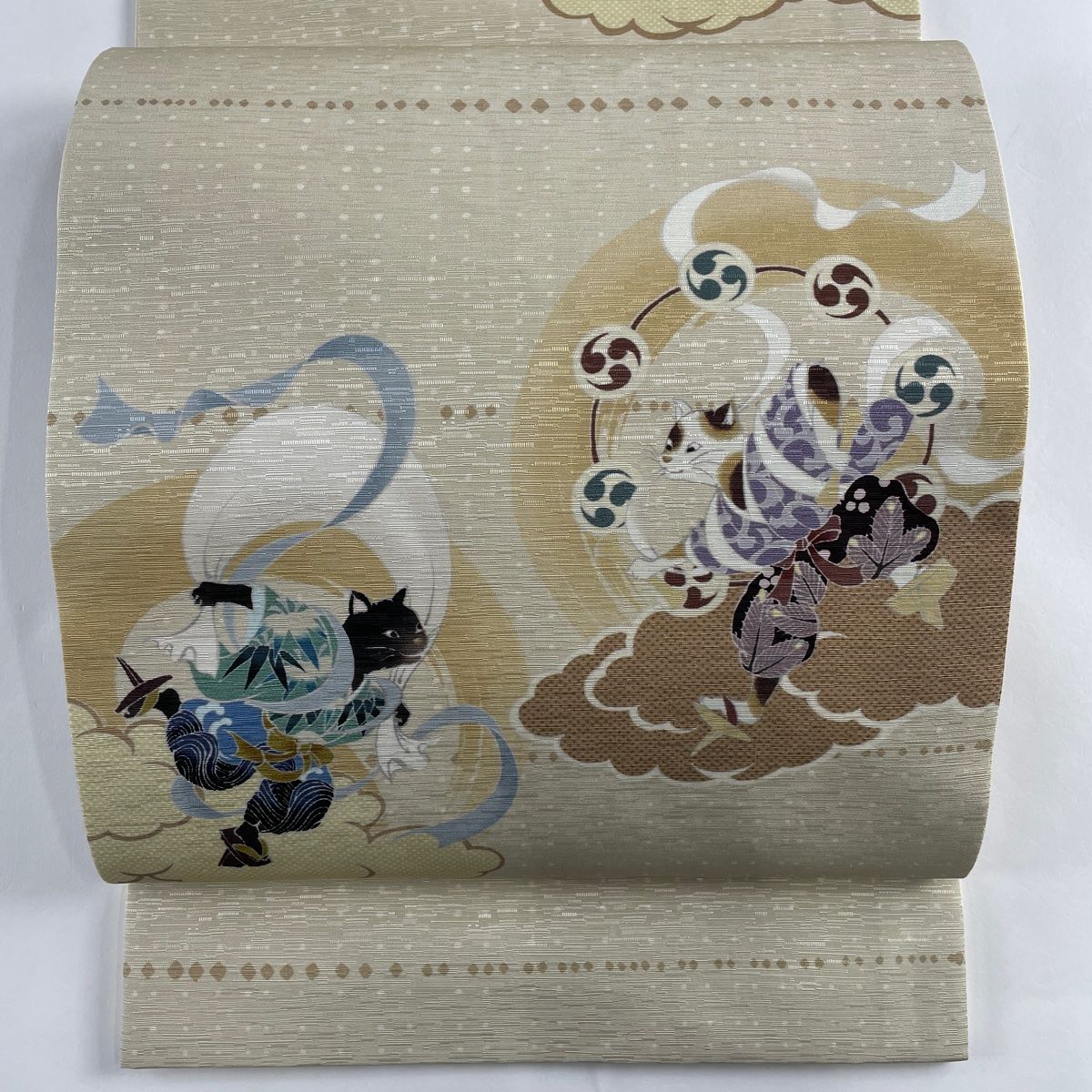 袋名古屋帯 美品 逸品 破る 風神雷神 猫 雲文 ベージュ 正絹 【中古】 