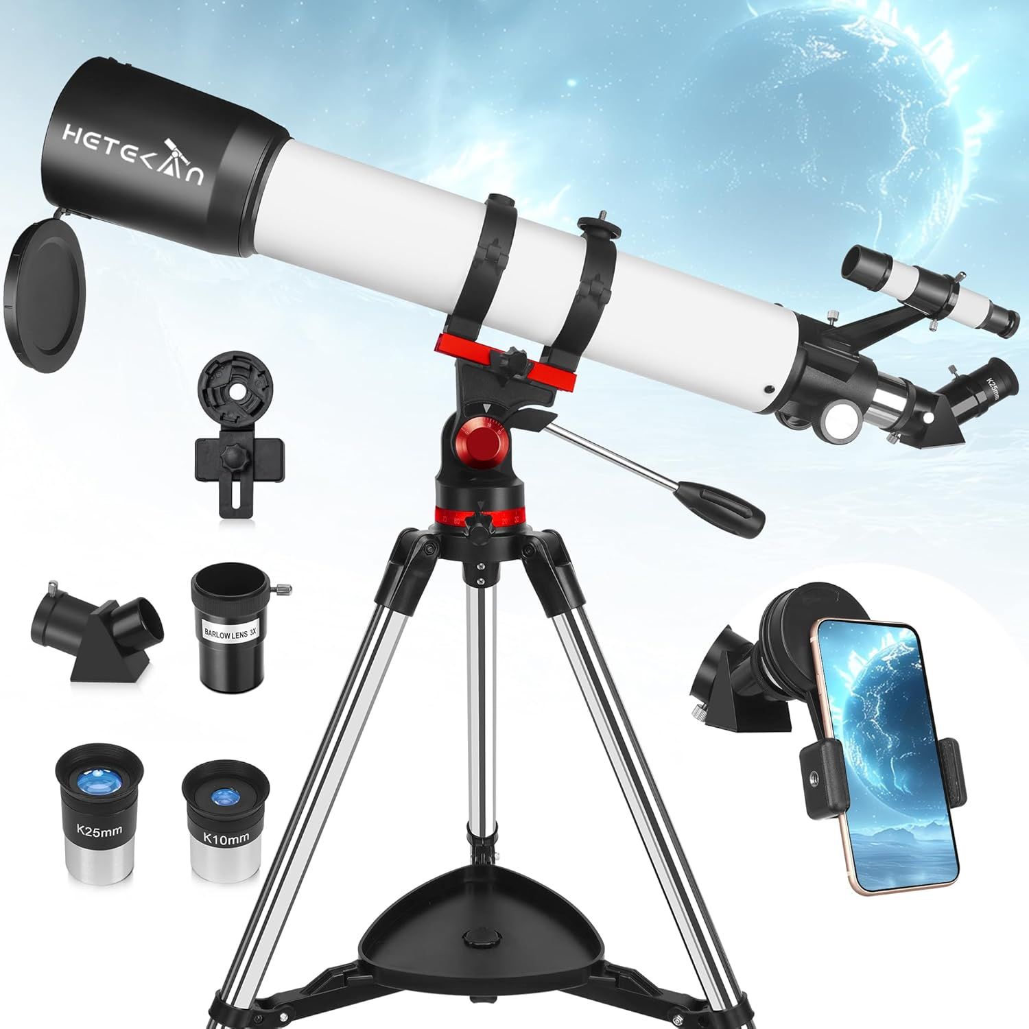 天体望遠鏡 初心者向け 子供も大人も使える 屈折式 口径90mmで高倍率です，星や月、土星の環、星座を観察することができます，スマートフォン撮影にも対応し、正像の天頂ミラー、三脚、