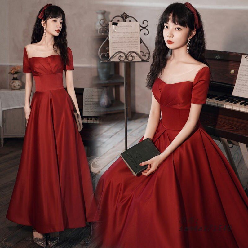 パーティードレス ロングドレス ドレス 赤 レッド サテン 発表会 成人式卒業式 花嫁 食事会 半袖 結婚式 二次会 Aラインドレス 謝恩会 演奏会 披露宴 am4a171540