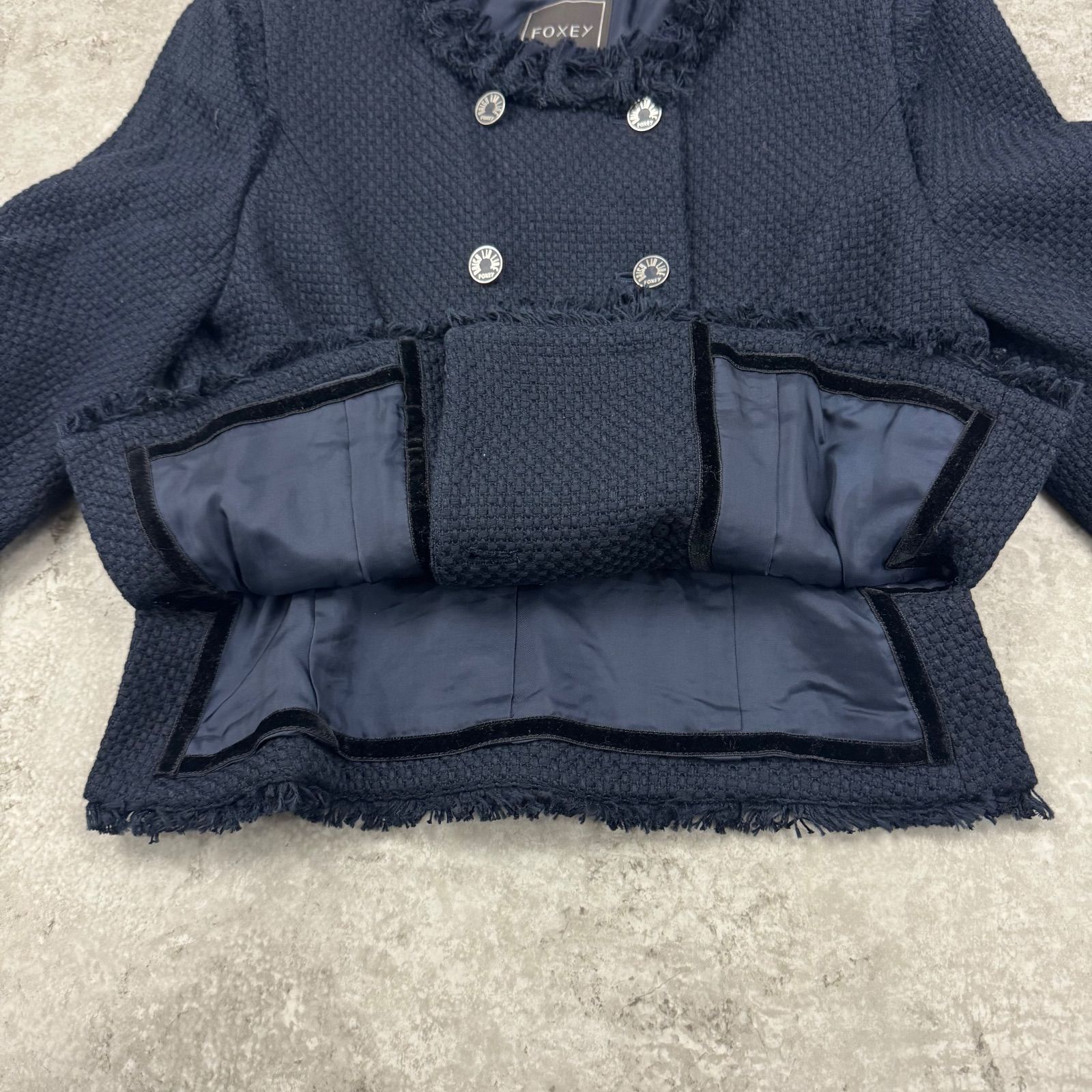 美品】FOXEY フォクシー ノーカラー ツイード ジャケット ネイビー 40