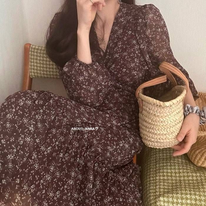 ワンピース 春 夏 レディース 花柄 長袖 Vネック ボリューム袖