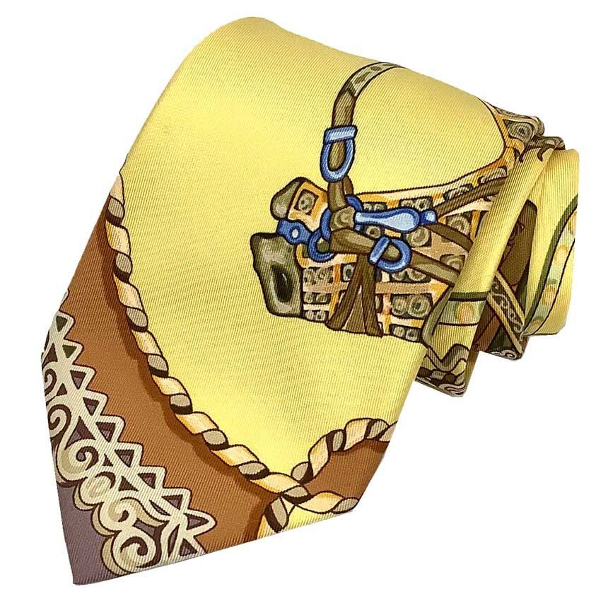 HERMES エルメス ネクタイ CRAVAT EN CARRE PAPEROLES パプロール 馬車と貴族 イエロー き aq12119