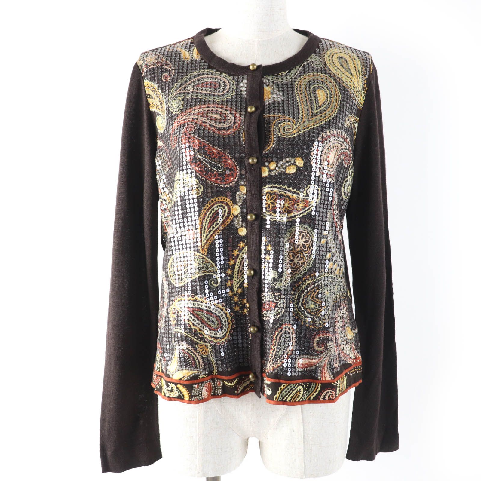 美品▲LEONARD レオナール ウール シルク混 ペイズリー スパンコール装飾 クルーネック 長袖 カーディガン ブラック M 日本製 正規品 美品☆LEONARD FASHION レオナール ファッション シルク ウール