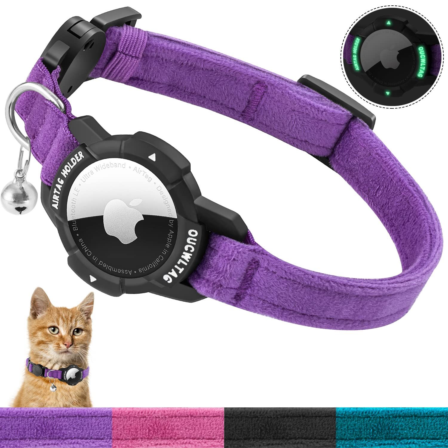 OUCWLTAG ルミナス AirTag 猫 首輪 分離 OUCWLTAG GPS 猫 首輪 Apple Airタグホルダー付き 猫 トラッカーカラー 安全ゴムバンド付き 女の子 男の子 猫 子猫 子犬 (9~13インチ パープル)