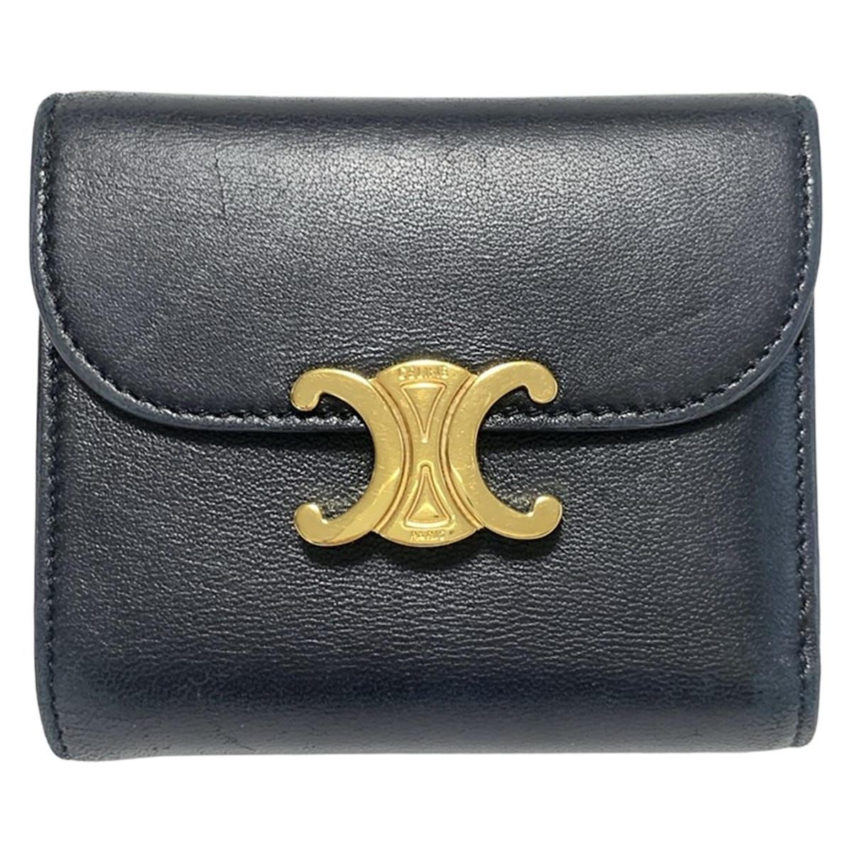 CELINE セリーヌ 3つ折り財布 スモール トリオンフ ウォレット 黒×ゴールド レザー