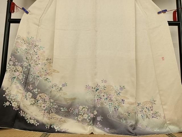 平和屋着物●訪問着　作家物　絞り　辻が花　流水雪輪花文　暈し染め　金彩　金通し地　正絹　逸品　AABB0209zg 平和屋着物○訪問着 作家物 絞り 辻が花 流水雪輪花文 暈し