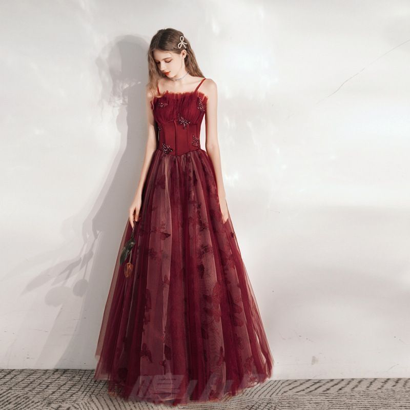 2025夏 ワインレッドドレス レディース パーティー 結婚式 Aライン 感あり 敬酒服 お呼ばれWP 109