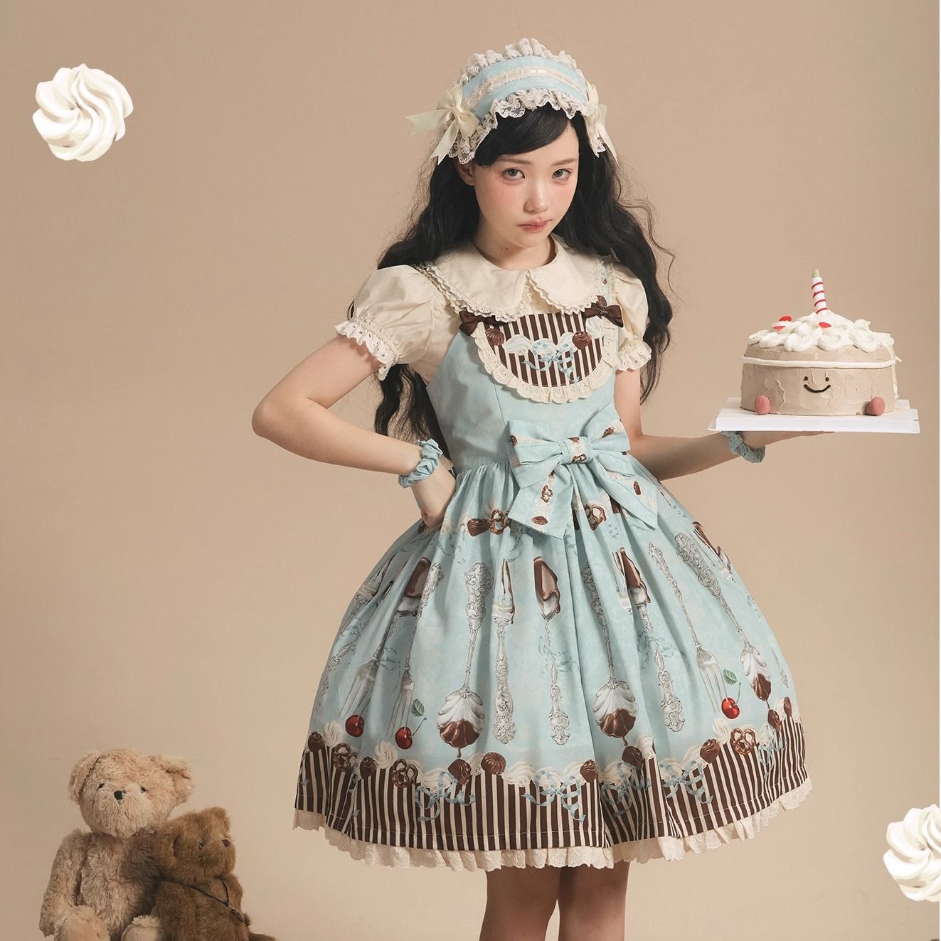 ロリータ 甘いチョコレート柄プリント 緑色 コスプレ衣装 ワンピースセット JSK カチューシャ付き フリルデザイン クラシカルスタイル 女性用