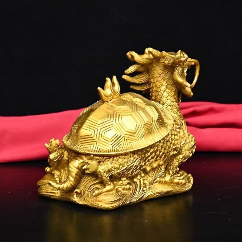 オブシディアン　龍亀　彫刻 置物 金　開運 風水 骨董　インテリア　アンティーク 龍亀 龍 ドラゴン 亀 置物 オブジェ 金色 ゴールド 銅製 運気