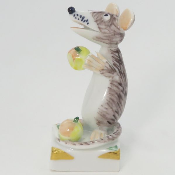 マイセン 置物ネズミ リンゴ フィギュリン 5.5cm 干支シリーズ 子 鼠 林檎 ペーター シュトラング 手びねり Meissen 美品