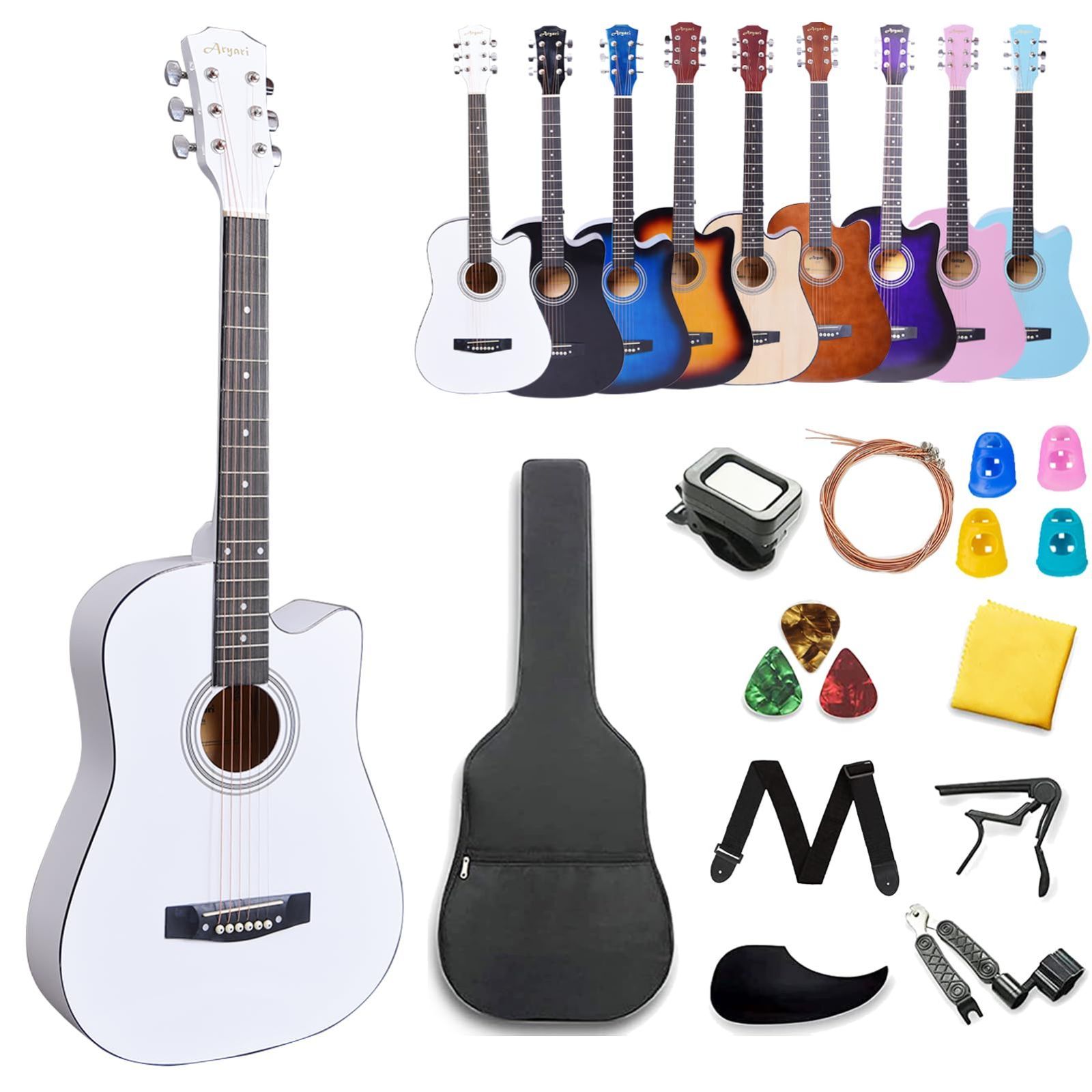 新着商品 Aryari アコギ 白 アコースティックギター 初心者セット 38インチ 入門練習 初級セット 学生 子供 大人 男女性向 しろいギター フォークギター3|4 White Beginner Acoustic Guitar チューナー カポ ピッ