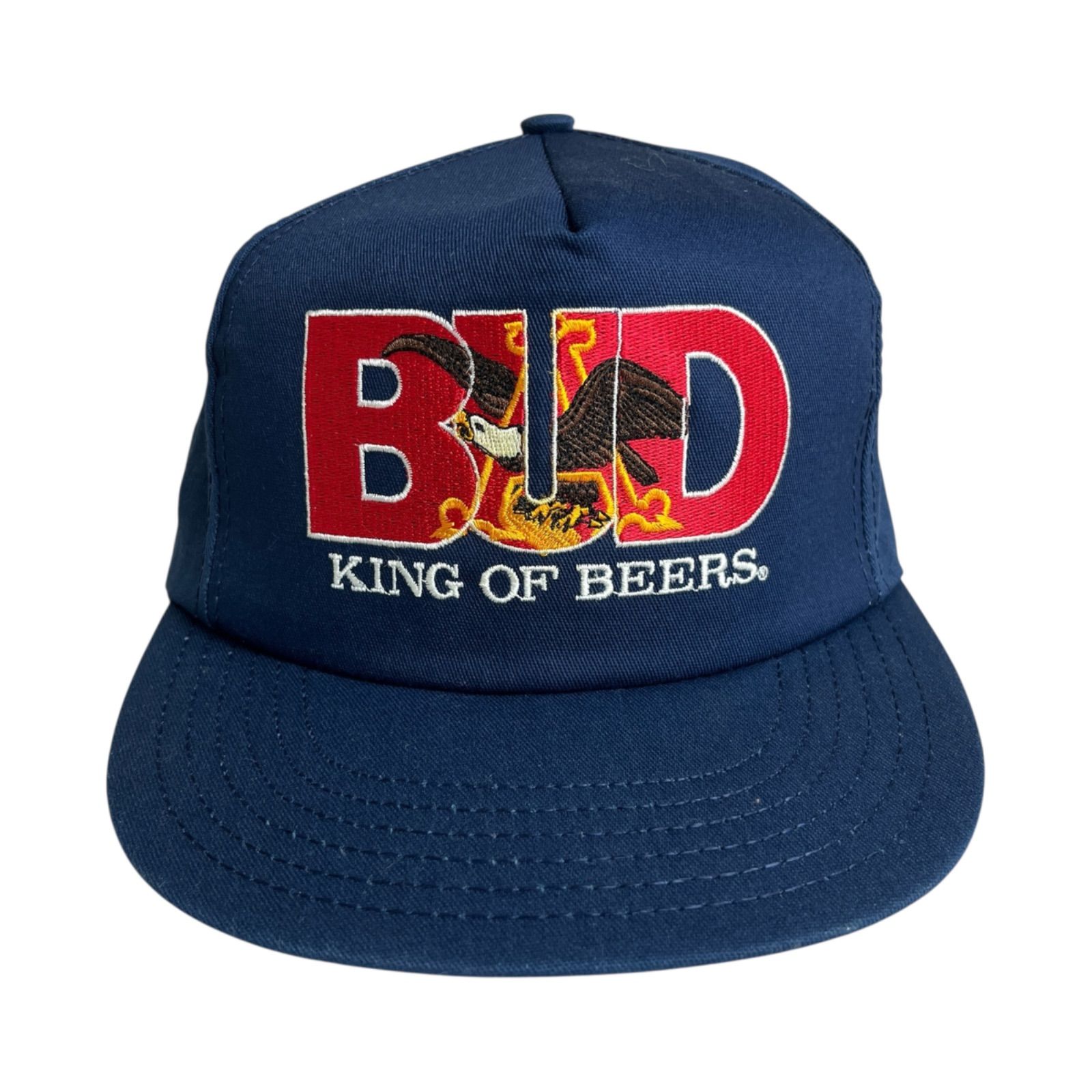 キャップ|帽子 アメリカ製 80-90s BUDWEISER バドワイザー ビンテージトラッカーキャップ 刺繍ロゴ ビール お酒 デカロゴ ネイビー 紺色