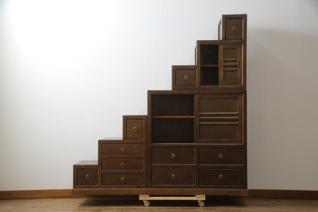 取付無料！民芸家具 楡(ニレ)材総無垢 和モダン アンティーク車箪笥 和