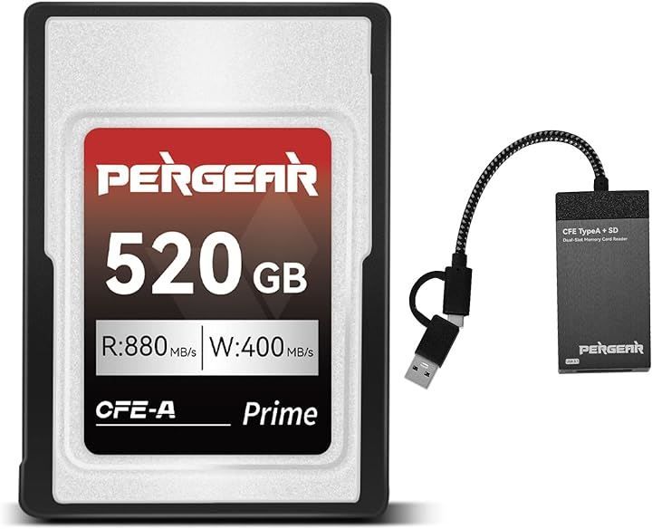 PERGEAR CFexpress Type Aメモリーカード カードリーダー同梱 プロフェッショナル タイプ 最大 880MB/秒の読み取り速度 ＆ 900MB/秒の書き込み速度 4K 120P、8K 30P 録画対応( 520GB)