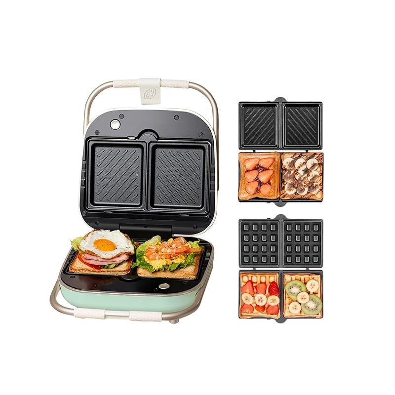 SOLEMOOD ホットサンドメーカー 耳まで焼ける 電気 ワッフルメーカー 着脱式 コンパクト マルチサンドイッチ 厚焼 ダブル 両面 プレート２種類 ホットサンドマシン ワッフルプレート付き 丸洗い お手入れ簡単 新生活 家族 ポータブル エメラルド