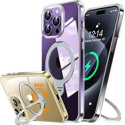 【在庫処分】【極限透明感！360回転スタンド】Rosycover iPhone 14 Pro Max 用 ケース クリア Magsafe 対応 [定点回転スタンド・超絶安定性][極透明・美しさを還元]ストラップホール付き マグセーフ ワ