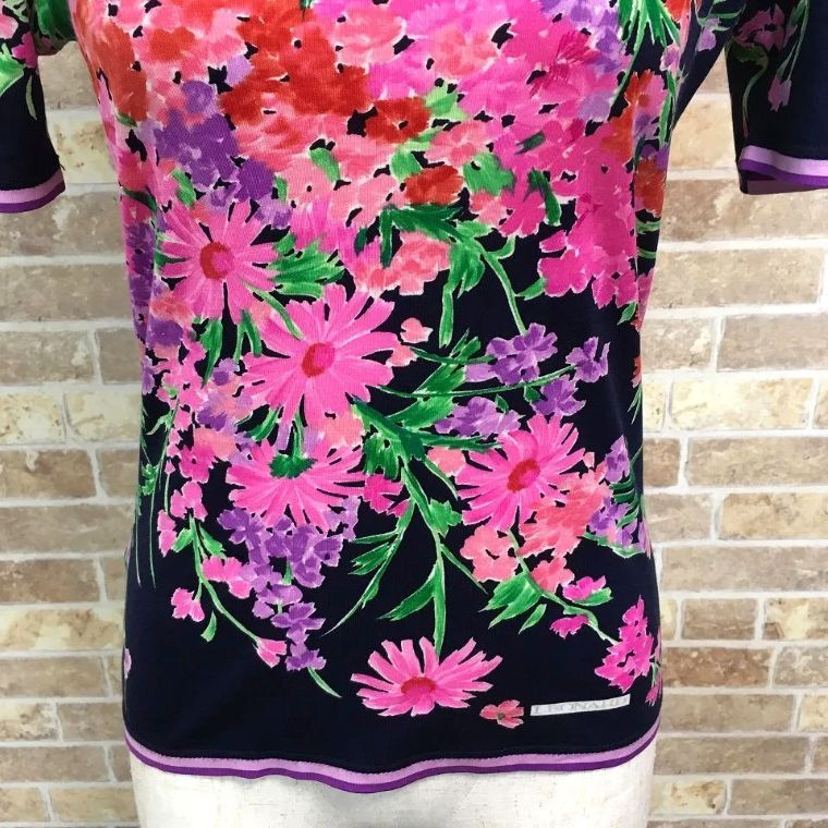  み LEONARD トップス S ネイビー 花柄 コットン 598 半袖(Tシャツ) Tシャツ カットソー