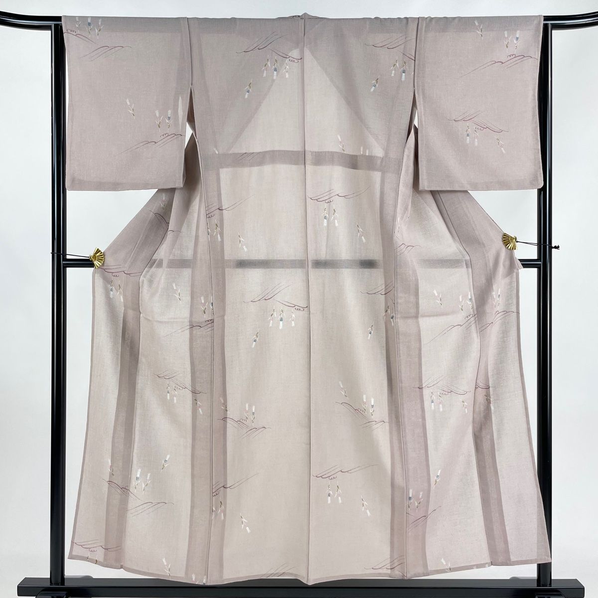 小紋 身丈154cm 裄丈64cm M 薄物 夏紬地 麦穂 波 薄小豆 正絹 秀品