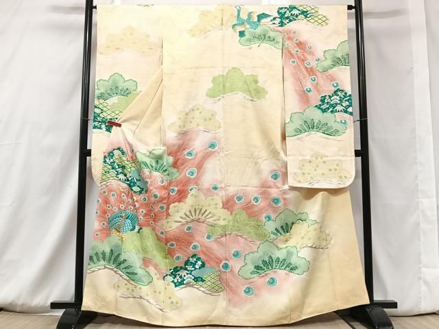 美品 豪華 古典模様 鶴 菊 松 竹 金彩 金駒刺繍 袷 正絹 振袖 着物 平和屋着物□豪華振袖 駒刺繍 御所車飛鶴花文 金彩 正絹 逸品