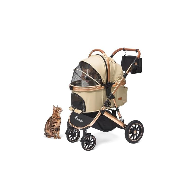 Angelpet ペットカート 分離型 犬用 バギー いぬ用 4輪 前輪360°回転 後輪ブレーキ付き 組み立て簡単 コンパクト 折りたたみ式 耐荷重25Kg 猫 小型犬多頭 中型犬 分離型ドッグカート カート用バッグ付き 特典 カーキ 0