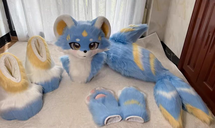 ファースーツ 着ぐるみセット NO.253 犬 青 ブルー ケモノ ファースーツ 全頭ヘッド ぬいぐるみ コスプレ コスチューム 一点物