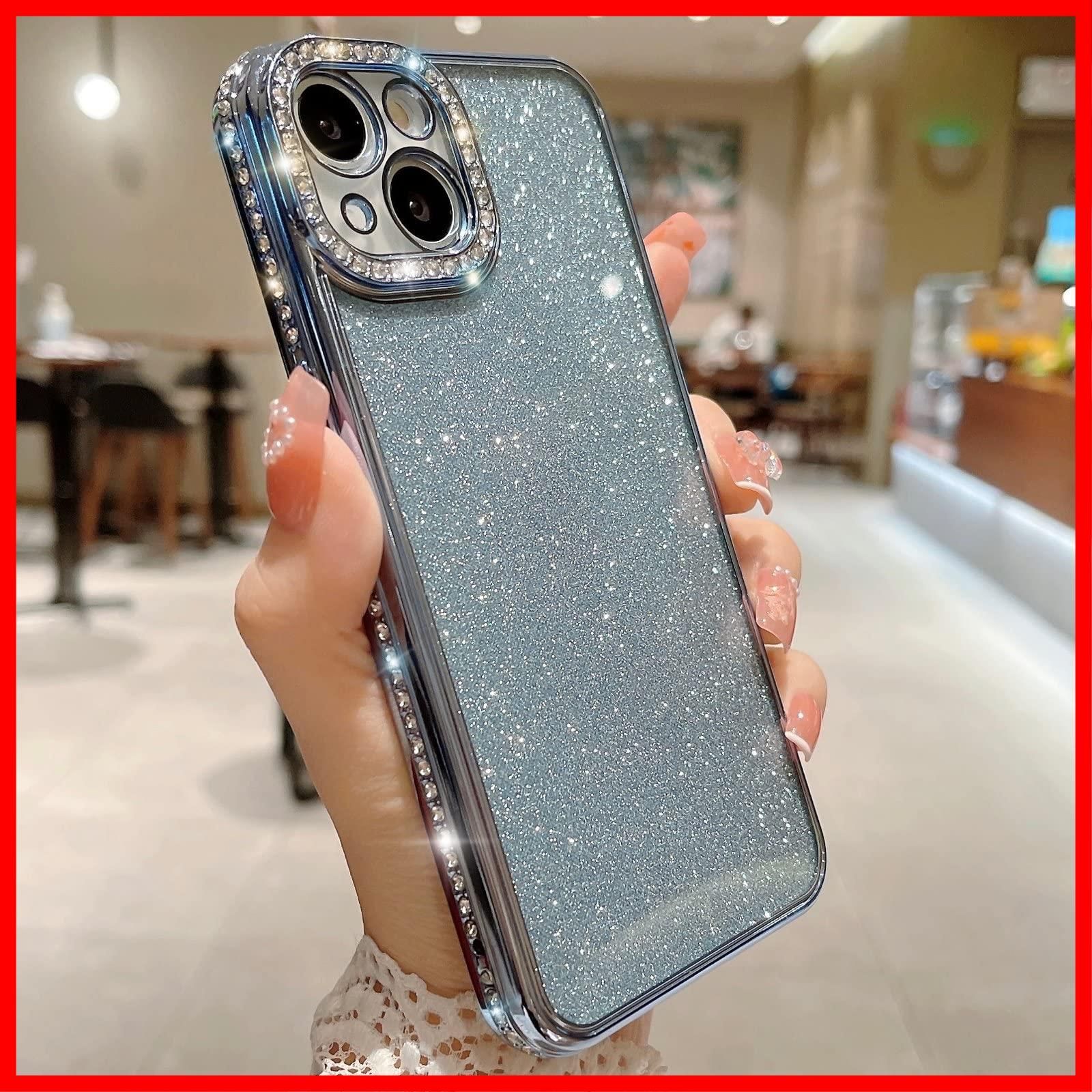 耐衝撃 韓国 ソフトラインストーンメッキバンパースパンコールカバー かわいい-Sierra カメラ保護 用の豪華なキラキラ輝くダイヤモンドケース14 Blue-for ケース iPhone iPhone14 for 14 QziyanD